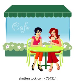 At The Cafe - A vector illustration of two female friends catching up over drinks at a cafe.