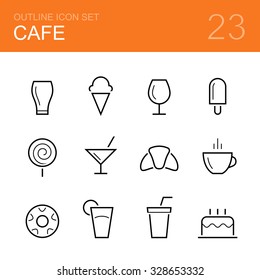 Cafe vector outline icon set - glass, ice cream, wineglass, lollipop, cocktail, croissant, cup of coffee, donut, juice, fizzy water and cake