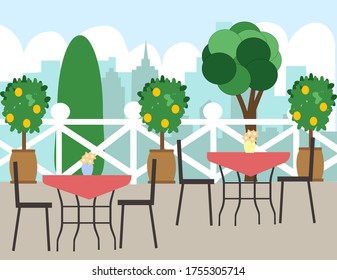 Veranda de cafetería con mesas sin visitantes, gráficos vectoriales