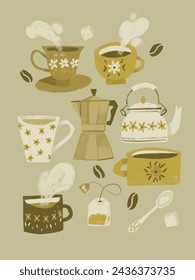 cafe vibes tea and coffee shop warm atmosphere kettle cup pot mug illustration stickers 