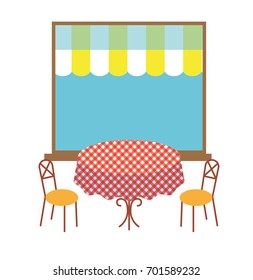 Cafe vintage style table and chairs. Window with the awning on the background. Vector illustration.