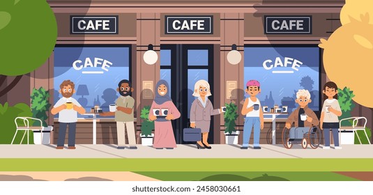 Cafe visitors drink coffee on the street. Cafeteria receives happy customers. Flat vector illustration