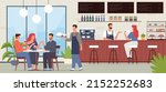 Cafe visitors. People in coffee house interior, friends sitting at table in restaurant, bar counter, waiter and customers. Men and women eating and drinking vector cartoon flat concept