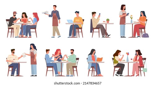 Cafe visitors people. Persons sitting restaurant tables, business lunchtime, waiters take orders. Men and women eating and drinking on meeting, vector cartoon flat isolated set