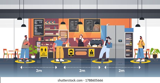 cafe visitors in protective masks keeping distance to prevent coronavirus social distancing concept people standing on yellow floor signs horizontal full length vector illustration