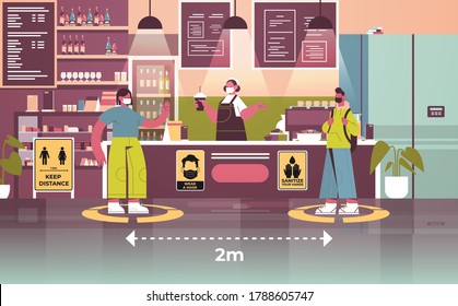cafe visitors in protective masks keeping distance to prevent coronavirus social distancing concept people standing on yellow floor signs horizontal full length vector illustration