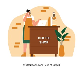 Cafe camarero recibe llamadas de clientes, sirve pedidos de entrega, café ilustrado vectorial.