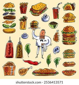 Garçom café, conjunto de fast food, ícones de menu. Ilustração do vetor de desenho