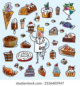 Cafe waiter, set of sweets, desserts, cooking, menu icons. Drawing vector illustration