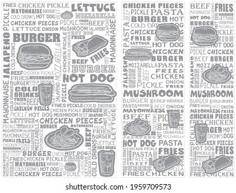 Cafe Wall Art. Restaurant doodle pattern. Food Sketchy. Food Lettering. Menu Layout. Interior Decor. Wallpaper, Banner, Poster,