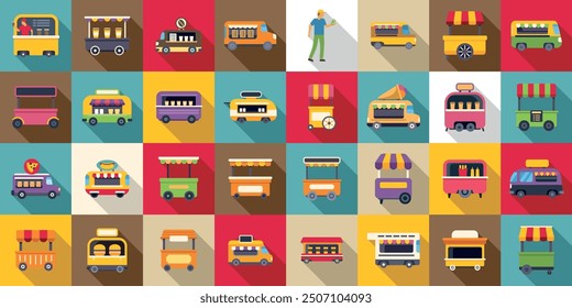 Cafe wheels icons set. Colorful icons depicting various food trucks and street food kiosks offering a wide range of culinary delights