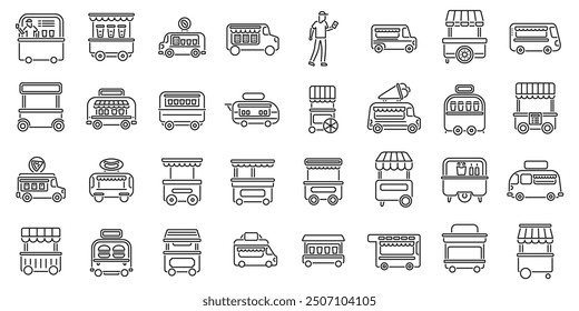 Cafe wheels icons set. Set of various street food icons featuring food trucks, food carts, and a street vendor serving customers