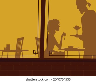 Cafe windows. Silhouettes. The waiter brought the order to the girl. Vector image for prints, poster and illustrations.