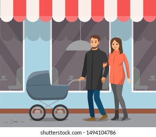 Cafe windows and tent, couple with baby carriage walk in downtown. Mother and father with baby in pram and cafeteria exterior, city street. Vector illustration in flat cartoon style