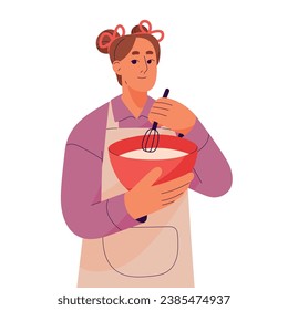 Cafe worker prepare dish. Cook with whisk mix dough in bowl. Professional chef cooking food. Hostess woman works on kitchen. Restaurant service, business. Flat isolated vector illustration on white