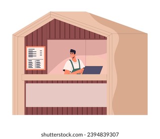 Cafe worker take order, service visitor. Employee standing behind the counter, sell food in cafeteria. Young man work in coffee shop. Coffeehouse kiosk for sale meal. Flat isolated vector illustration