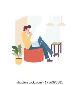 Cafe workplace. Freelance or remote work design concept. Male freelancer working on his laptop and drinking coffee at cafe. vector flat cartoon illustration