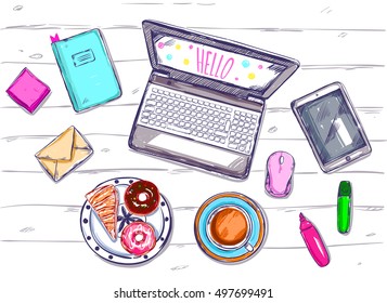 Cafe workspace top view composition with cakes and pastries stationery and laptop vector illustration