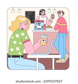 Cafe workspace vibe. Woman multitasking on laptop with coffee, while barista serves a customer. Friendly interaction at a modern coffee shop. Flat vector illustration.