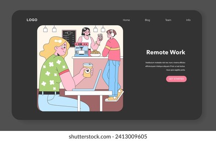Cafe workspace vibe. Woman multitasking on laptop with coffee, while barista serves a customer. Friendly interaction at a modern coffee shop. Flat vector illustration.