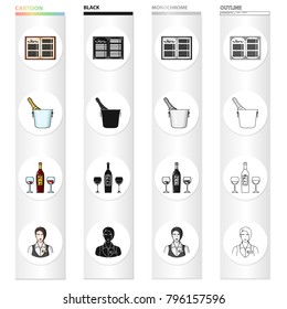 Cafe,manager, restaurant, and other web icon in cartoon style.Brandy, treats, liquid icons in set collection.