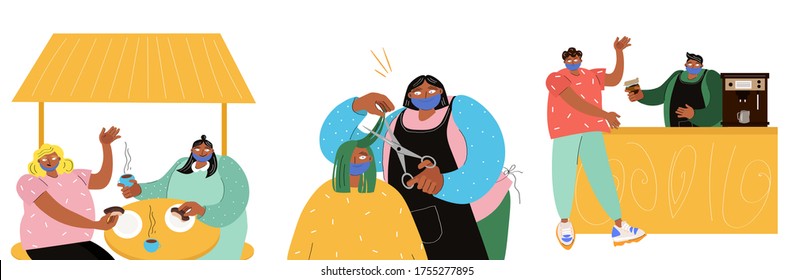 Cafes, beauty salons and coffee houses during the pandemic. Lifting quarantine and opening service enterprises. Bright vector flat illustration in cartoon style with staff and clients.