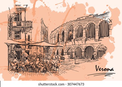 Cafes and tourists walking around in front of the ancient Roman Arena in Verona, Italy. Sketch drawing imitating ink drawing with a grunge background on a separate layer. EPS10 vector illustration.