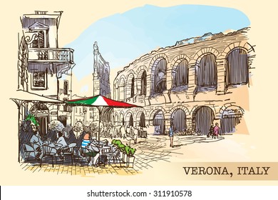 Cafes and tourists walking around the square in front of the ancient Roman Arena in Verona, Italy. Painted sketch imitating ink pen drawing above blurry watercolor. EPS10 vector illustration.