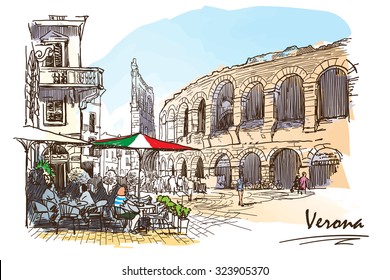 Cafes and tourists walking around the square in front of the ancient Roman Arena in Verona, Italy. Painted sketch imitating ink pen drawing above blurry watercolor. EPS10 vector illustration.