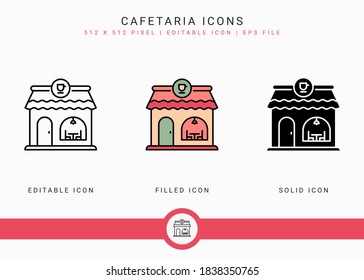 Cafetaria icons set vector illustration with solid icon line style. Modern cafe building concept. Editable stroke icon on isolated background for web design, infographic and UI mobile app.