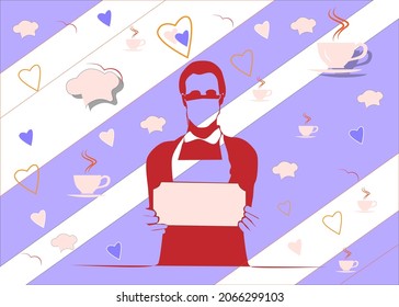 cafeteria attendant holding sign. coffee label icon, chef icon background modern minimalist magazine design.