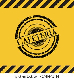 Cafeteria black grunge emblem inside yellow warning sign. Vector Illustration. Detailed.