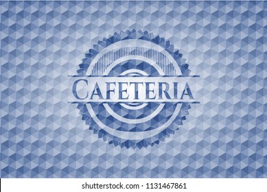 Cafeteria blue emblem or badge with abstract geometric pattern background.