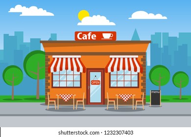 Cafeteria, cafeteria building with free tables. Cafeteria on the background of the urban landscape. Vector illustration of a beach umbrella.