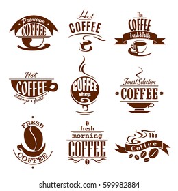 Cafeteria or cafe icons of coffee drinks, cups and beans. Espresso hot aroma steam or cappuccino mug and chocolate latte macchiato froth. Premium symbols of americano or moka for coffeehouse design