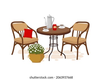 Cafeteria, chair, table, coffee pot, cup, flower pot. Vector clipart, isolated, white background.