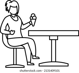 Cafeteria Chair and table Vector Icon Design, Free time activities Symbol, Extracurricular activity Sign, hobbies interests Stock illustration, Lady sitting eating ice cream in a waffle cone Concept