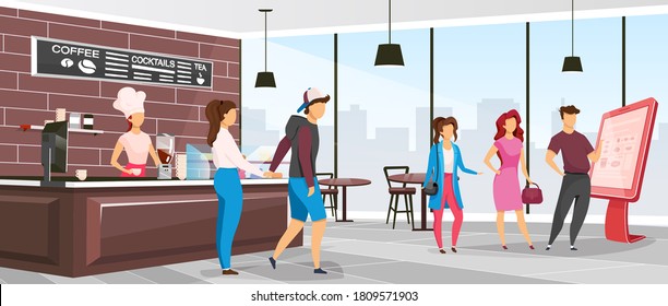 Cafeteria flat color vector illustration. Coffee shop customers. Restaurant with clients and barista. Waitress near counter in bistro. Cafe 2D cartoon interior with characters on background