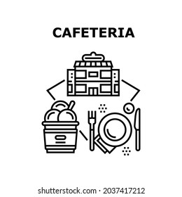 Concepto de ícono del vector de comida de Cafeteria. Helados Y Deliciosos Postres Con Cafetería De Bebidas, Comida Para Almorzar Y Cenar. Horquilla, Cuchillo Y Plato, Cafetería Ilustración Negra