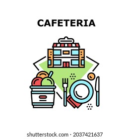 Concepto de ícono del vector de comida de Cafeteria. Helados Y Deliciosos Postres Con Cafetería De Bebidas, Comida Para Almorzar Y Cenar. Desvases De Horquilla, Cuchillo Y Plata, Ilustración De Color De La Construcción Del Café