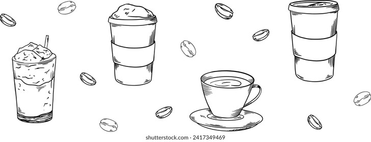 Cafeteria hadpainted illustrations set banner black and white doodle coffee, beans, cappuccino, cup, mug, latte, coffee to go, ice latte