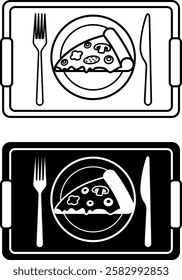 Cafeteria Icons. Black and White Vector Drawings. Tray with Food and Cutlery. Pizza, Fork, Knife, and Plate. Restaurant Concept