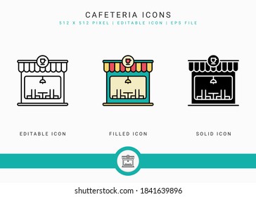 Cafeteria icons set vector illustration with solid icon line style. Modern cafe building concept. Editable stroke icon on isolated background for web design, infographic and UI mobile app.