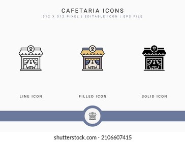 Los iconos de la cafetería establecen la ilustración vectorial con estilo de línea de icono sólido. Concepto moderno de construcción de cafés. Icono de trazo editable en fondo aislado para diseño web, interfaz de usuario y aplicación móvil