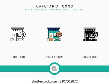 Cafeteria icons set vector illustration with solid icon line style. Modern cafe building concept. Editable stroke icon on isolated background for web design, user interface, and mobile application