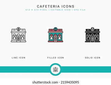 Los iconos de la cafetería establecen la ilustración vectorial con estilo de línea de icono sólido. Concepto moderno de construcción de cafés. Icono de trazo editable en fondo aislado para diseño web, interfaz de usuario y aplicación móvil
