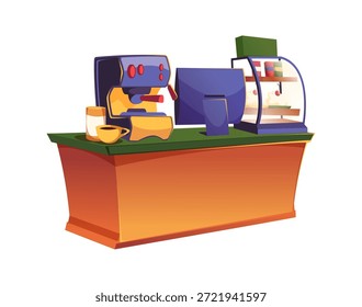 Cafeteria interior elements with professional equipment, shop furniture and pastry. Vector bar counter with computer register, display case with cakes and coffee machine. Commerce and business