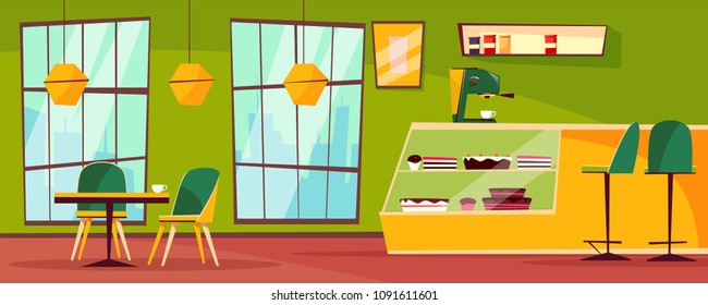 Cafeteria interior vector illustration of cartoon patisserie. Flat indoor interior design of cafe tables and chairs, cashier desk and pastry desserts in showcase or coffee maker