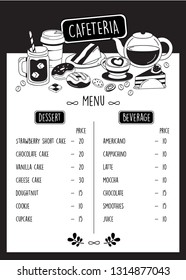 Cafeteria Menu. Doodle cafe menu with dessert and beverage.