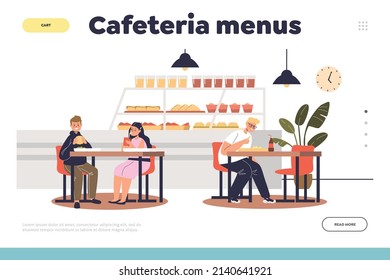 Cafeteria menus concept of landing page with kids in school lunchroom sitting at tables eating lunch in canteen. Group of teen pupils have breakfast in dining room. Cartoon flat vector illustration